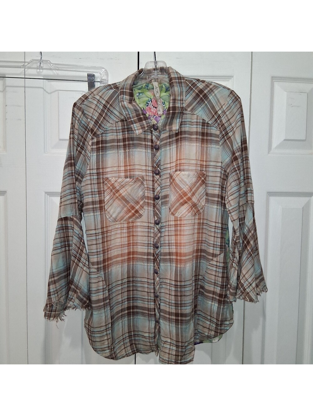 Aratta Silent Journey Large Top Plaid Floral Contrast Fairy Boho Mix Media Bell